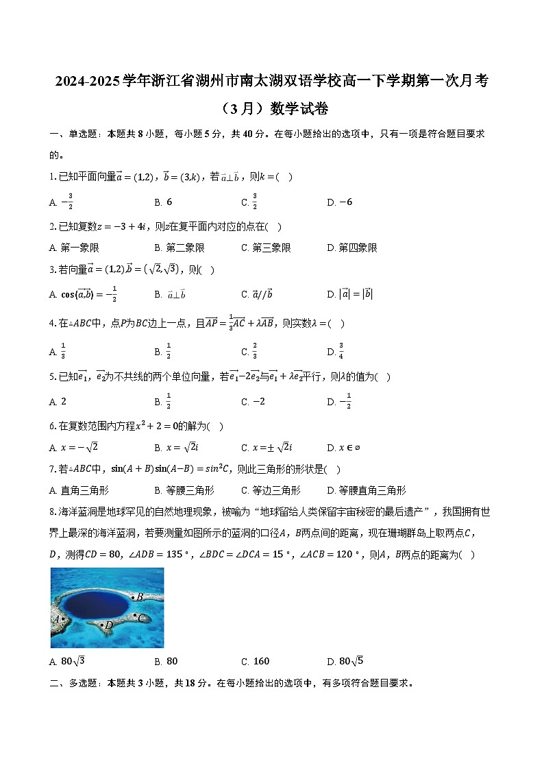 2024-2025学年浙江省湖州市南太湖双语学校高一下学期第一次月考（3月）数学试卷（含答案）第1页