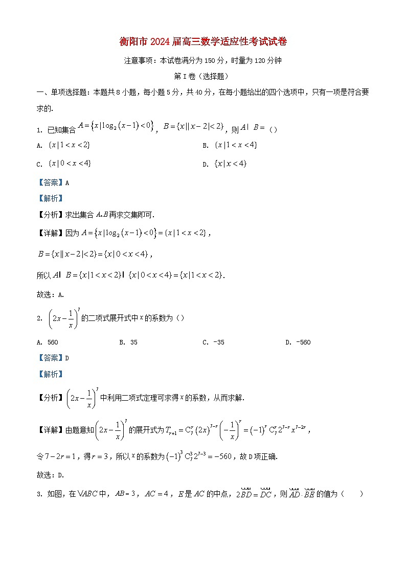 湖南省衡阳市2024届高三数学适应性考试试题含解析第1页