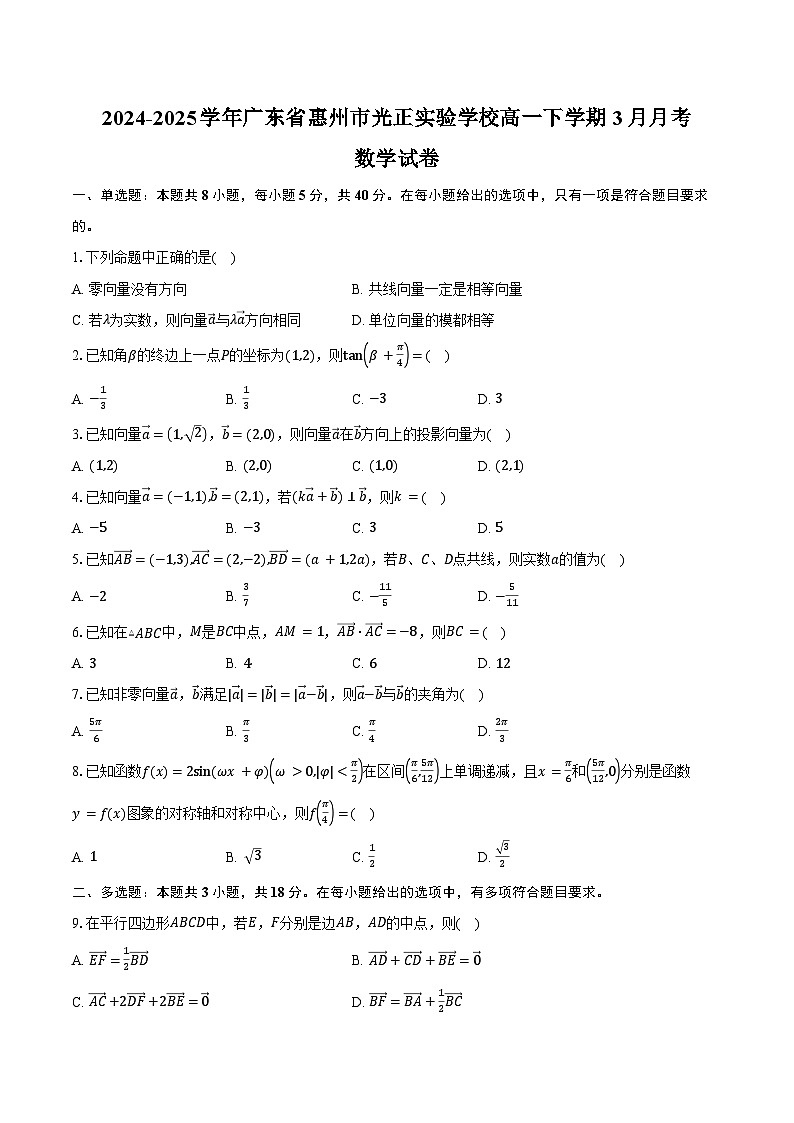 2024-2025学年广东省惠州市光正实验学校高一下学期3月月考数学试卷（含答案）第1页