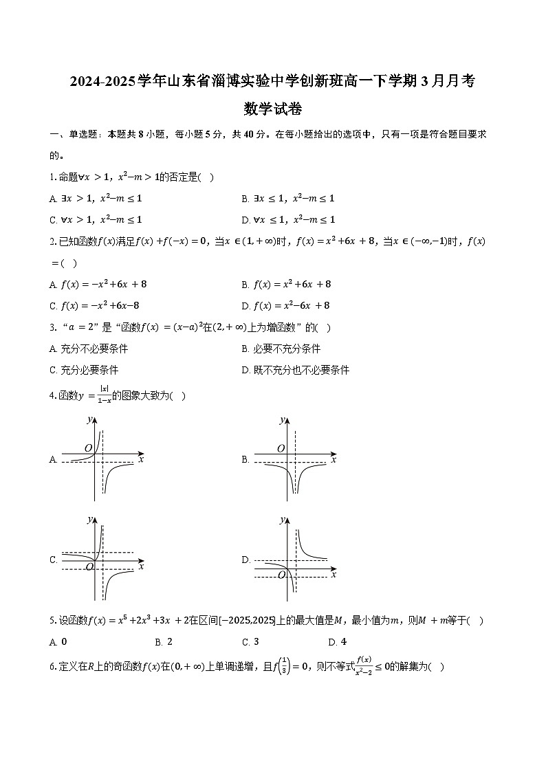2024-2025学年山东省淄博实验中学创新班高一下学期3月月考数学试卷（含答案）第1页