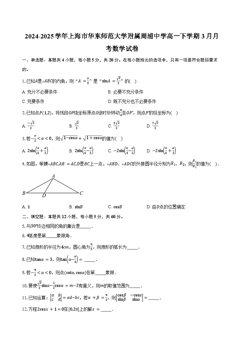 2024-2025学年上海市华东师范大学附属周浦中学高一下学期3月月考数学试卷（含答案）第1页
