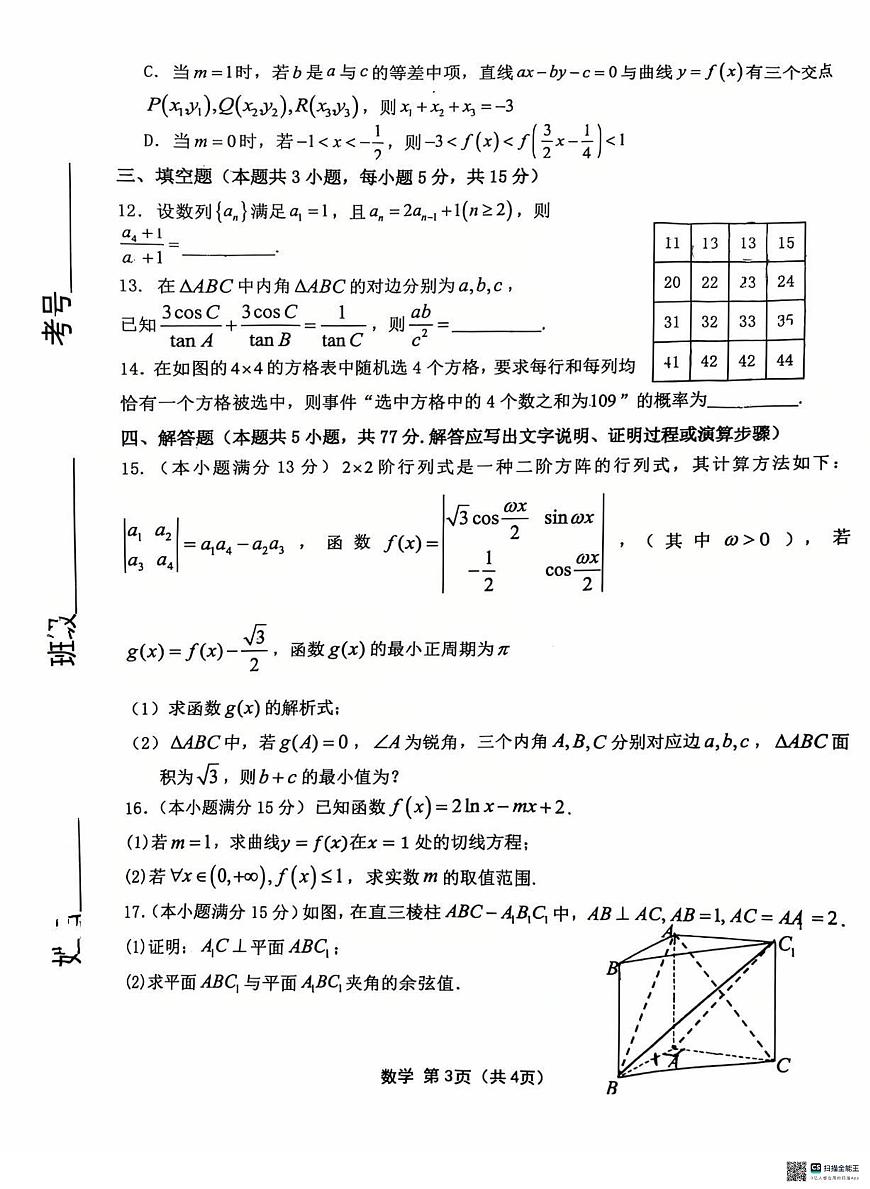 2025届黑龙江省齐齐哈尔市高三下学期一模数学试卷（含答案）第3页