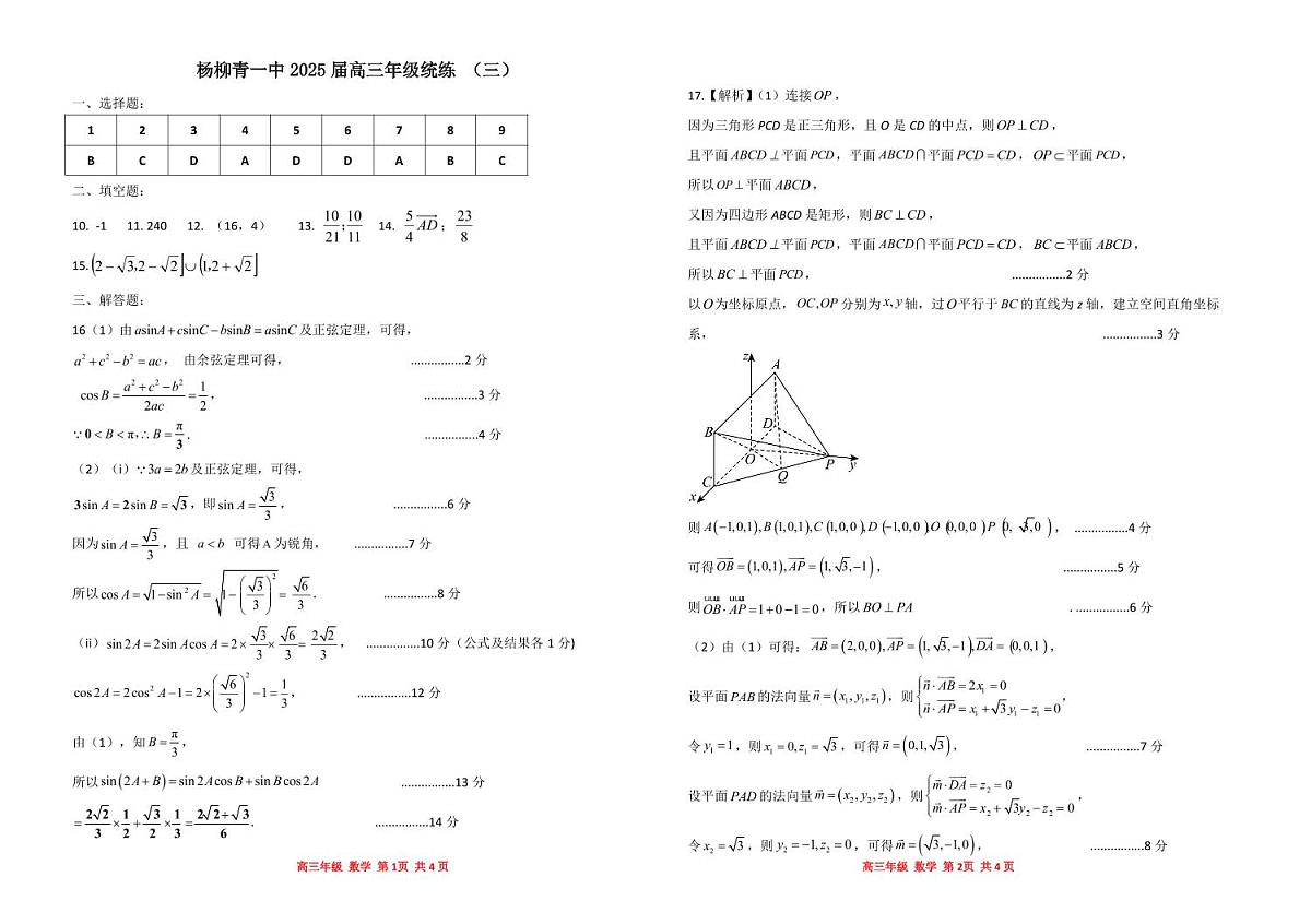 天津市杨柳青一中2025届高三年级统练（三）答案第1页