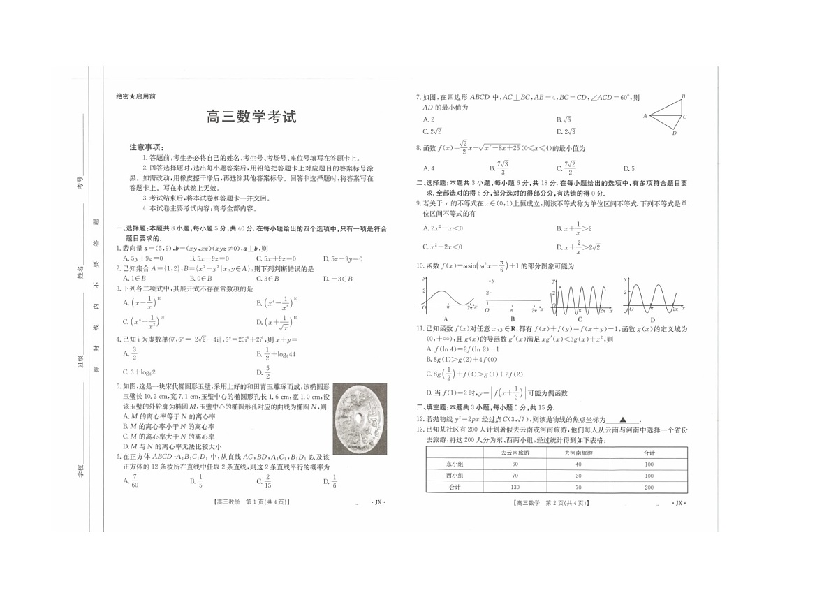 江西省2025届全国“优创名校”高三金太阳4月联考(25-489C)数学试卷（无答案）第1页