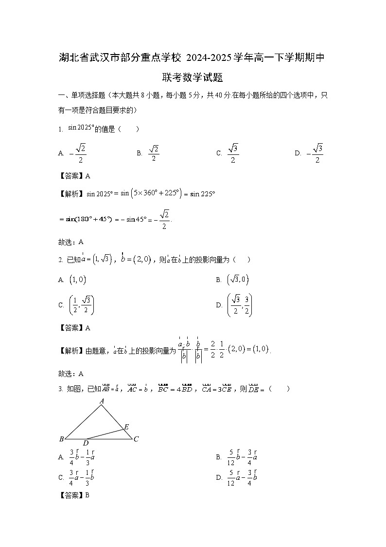 湖北省武汉市部分重点学校2024-2025学年高一下学期期中联考数学试题（解析版）第1页