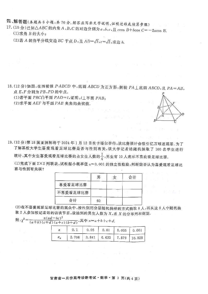 甘肃省2023-2024学年高三上学期1月高考诊断 数学试卷（含答案）第3页