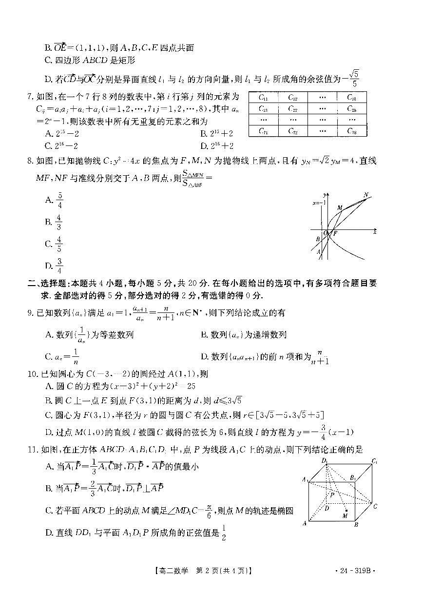 广东省清远市2023-2024学年高二上学期高中期末 数学试卷（含答案）第2页