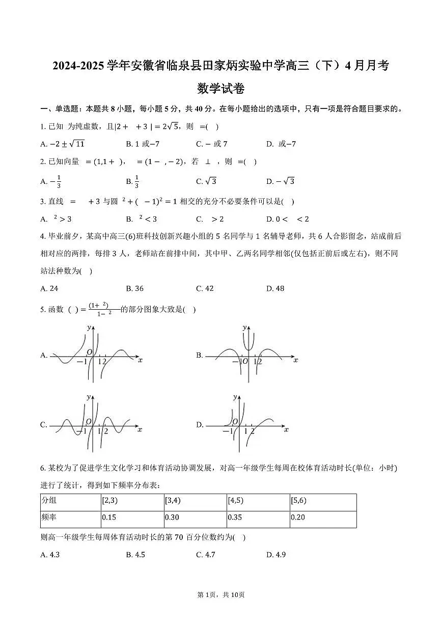 安徽省阜阳市临泉县田家炳实验中学2025届高三（下）月考数学试卷（4月份）（含答案）第1页