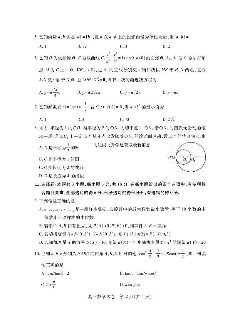 数学丨湖北省第十届高三下学期4月调研模拟考试（湖北四调）数学试卷及答案第2页