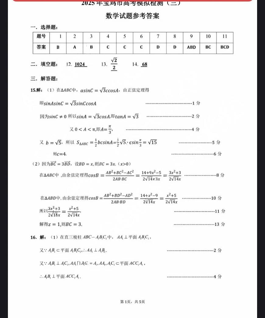 陕西省宝鸡市2025届高三高考模拟检测试题（三）数学答案第1页