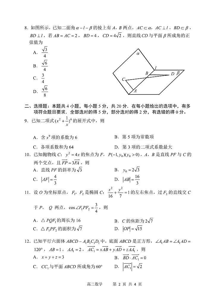辽宁省丹东市2023-2024学年高二上学期期末质量检测 数学试卷（含答案）第2页