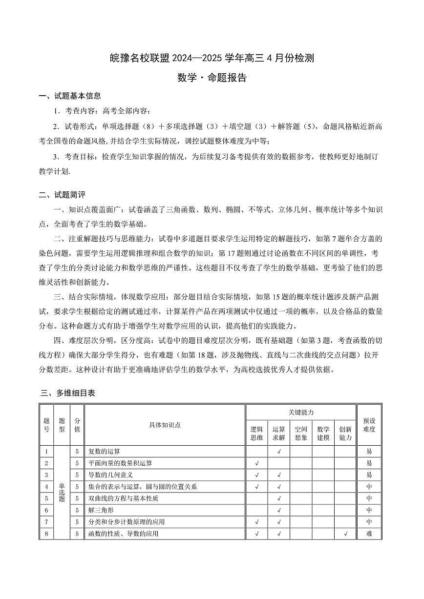 皖豫名校联盟2024-2025学年高三4月份检测数学命题报告第1页