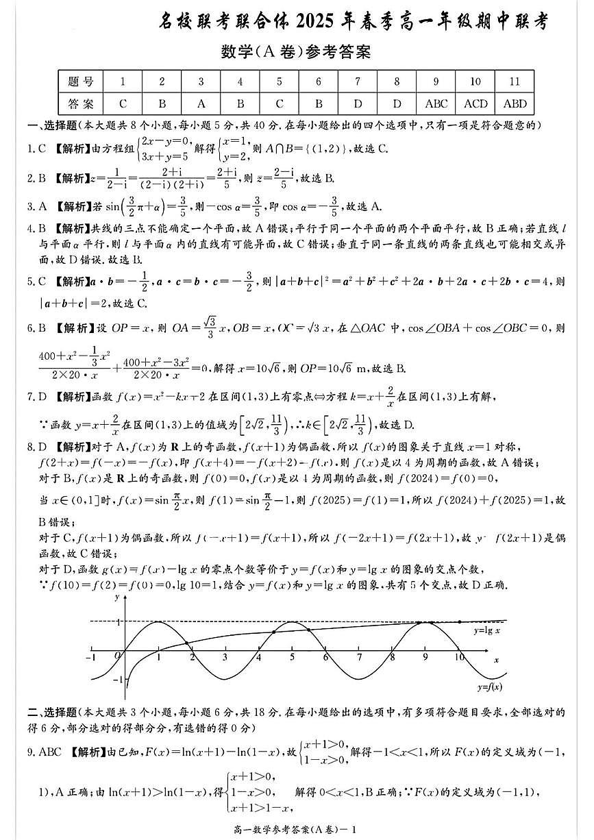 湖南省名校联合体2024～2025学年高一下学期期中考试数学(A卷)参考答案第1页