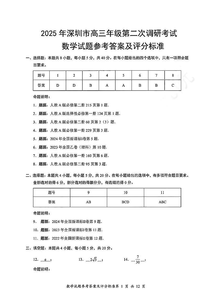 2025年深圳市高三年级第二次调研考试数学答案第1页