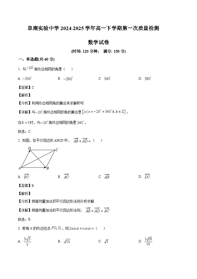 安徽省阜南实验中学（阜南县教师进修学校）2024-2025学年高一下学期3月月考 数学试题（含解析）第1页