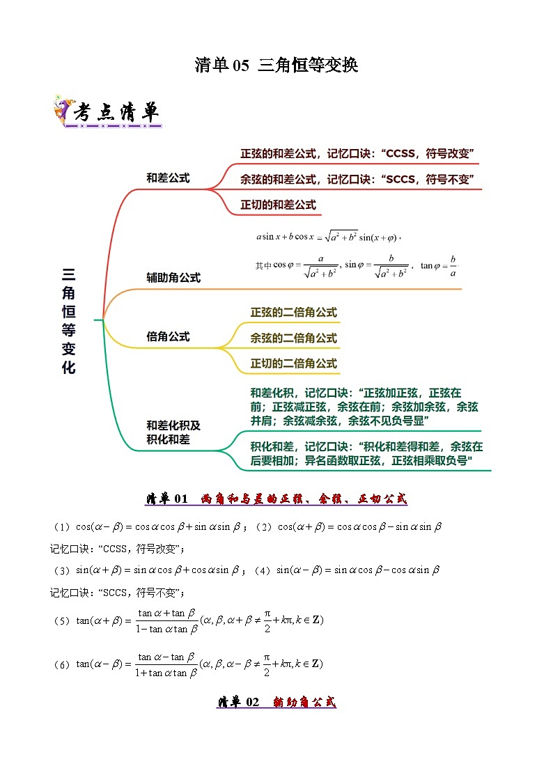 备战高一数学下学期期中（人教B）专题05 三角恒等变换（考点梳理）（原卷版）第1页