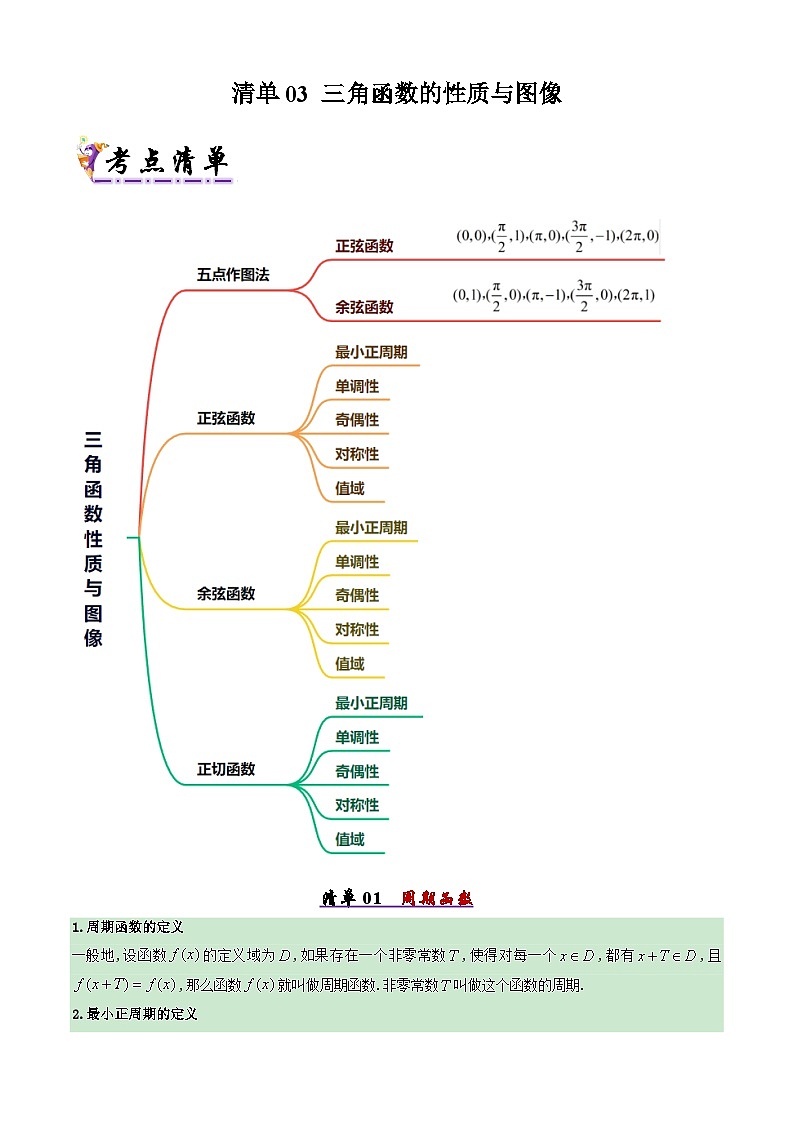 备战高一数学下学期期中（人教B）专题03 三角函数的性质与图像（考点梳理）（原卷版）第1页