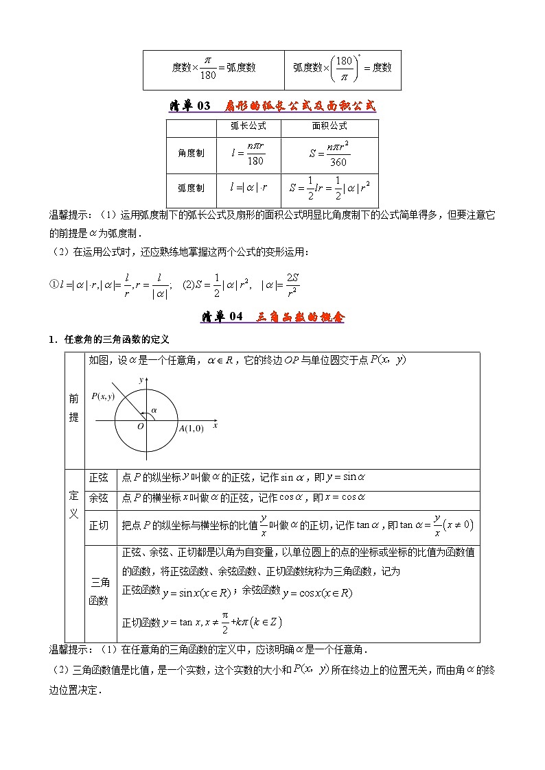 备战高一数学下学期期中（人教B）专题01 任意角、弧度制及三角函数的定义（考点梳理）（原卷版）第3页