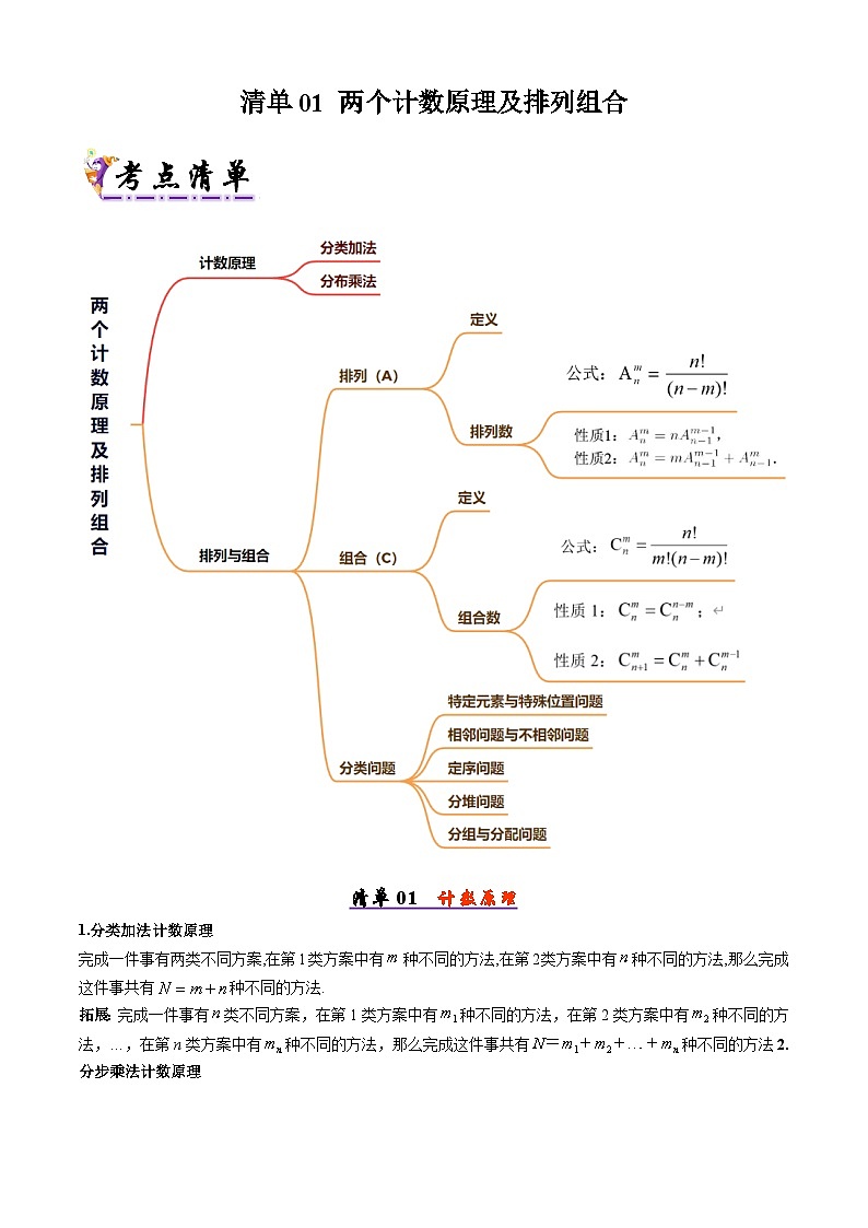 备战高二数学下学期期中（人教B）清单01 两个计数原理及排列组合（考点梳理）（原卷版）第1页