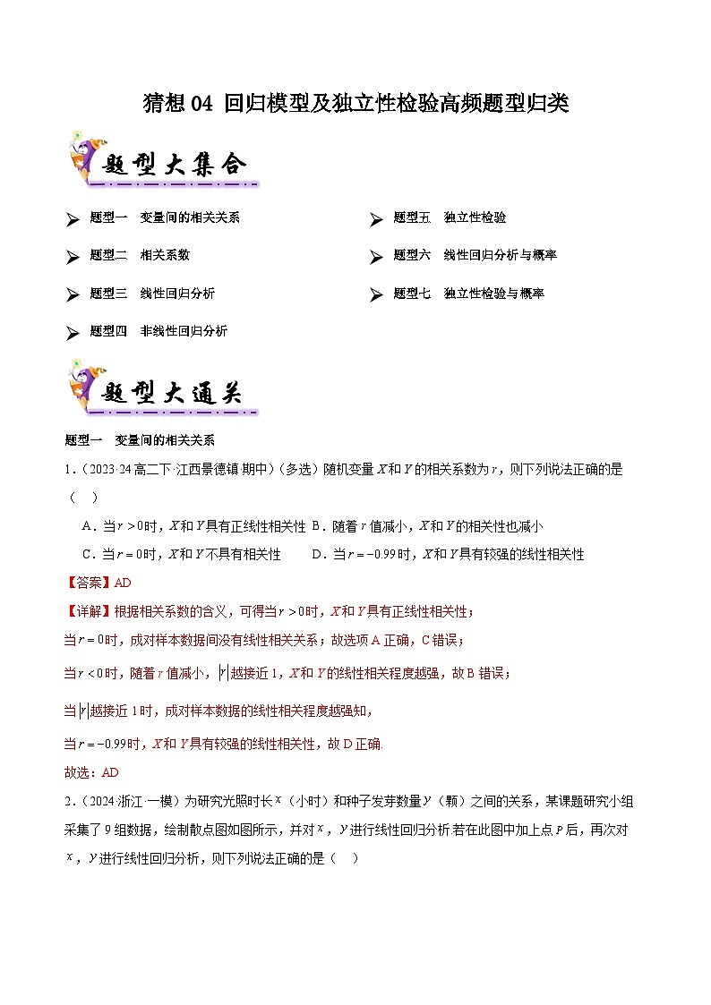 备战高二数学下学期期中（人教B）专题04 回归模型及独立性检验高频题型归类（考题预测）（解析版）第1页