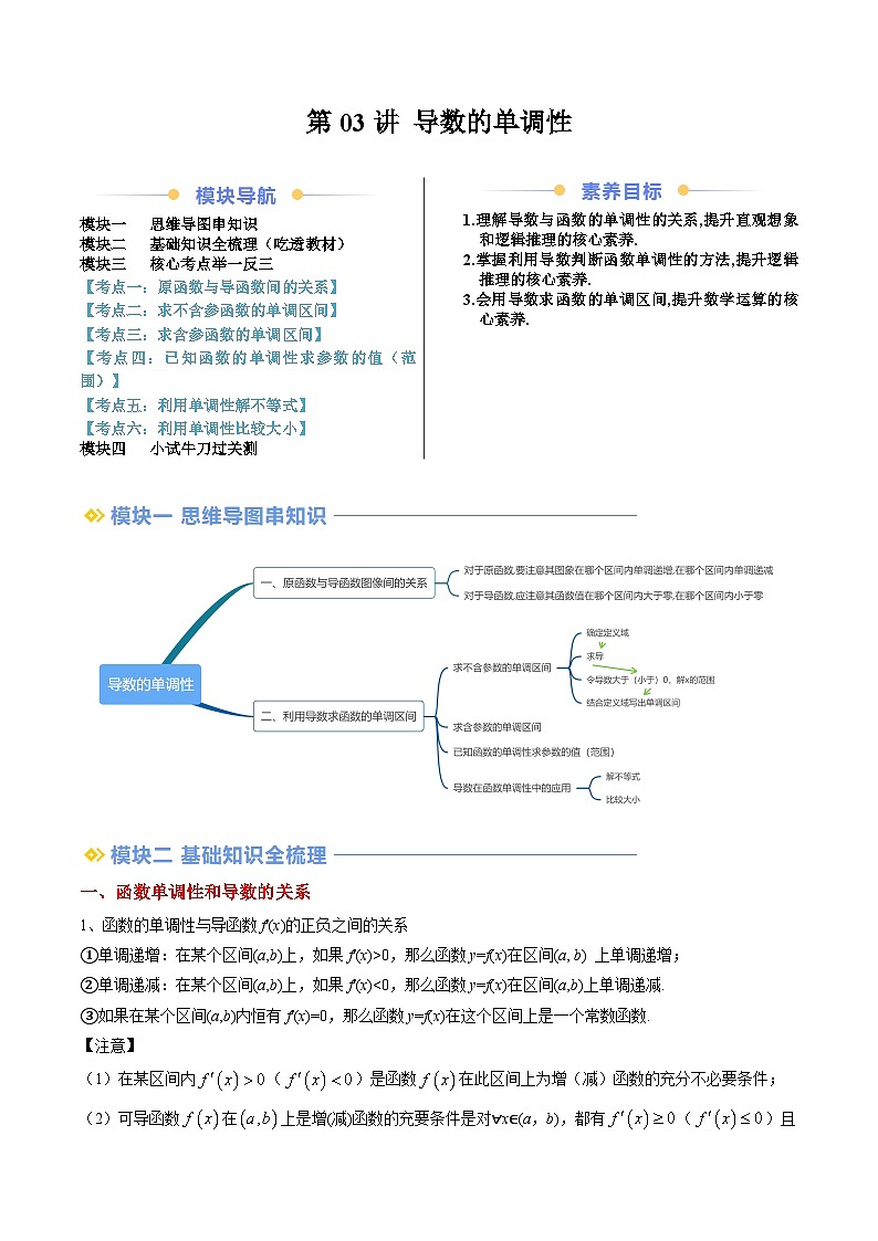 高二寒假数学自学（人教B）第03讲 导数的单调性（思维导图+3知识点+六大考点+过关检测）（解析版）第1页