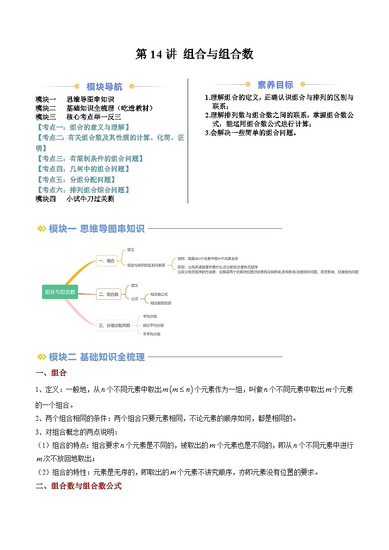 高二寒假数学自学（人教A）第14讲 组合与组合数（思维导图+4知识点+六大考点+过关检测）（解析版）第1页