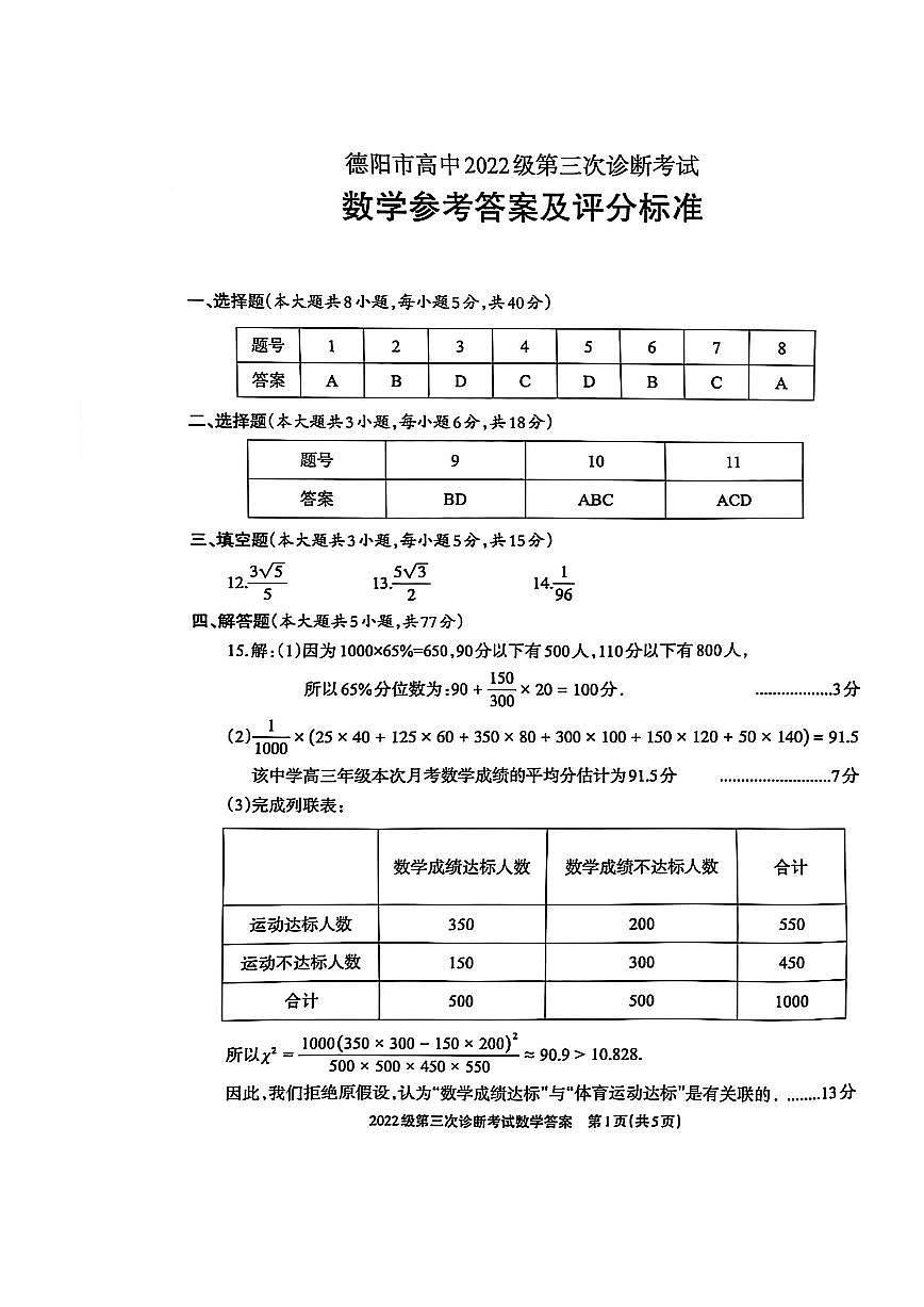 四川省德阳市高中2022级第三次诊断考试数学答案第1页