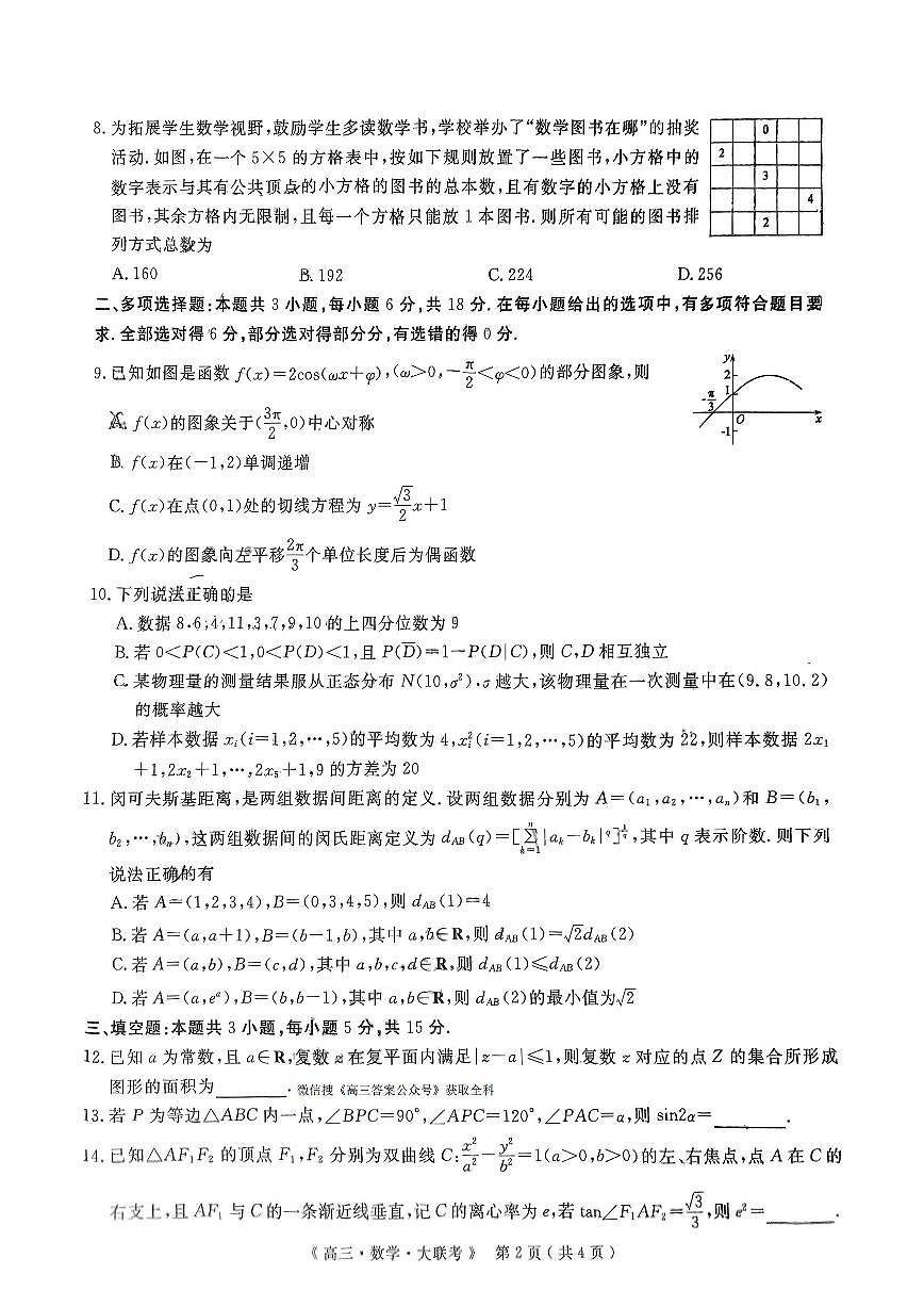 河南省H20高中联盟2024-2025学年高三下学期4月联考数学试题+答案第2页