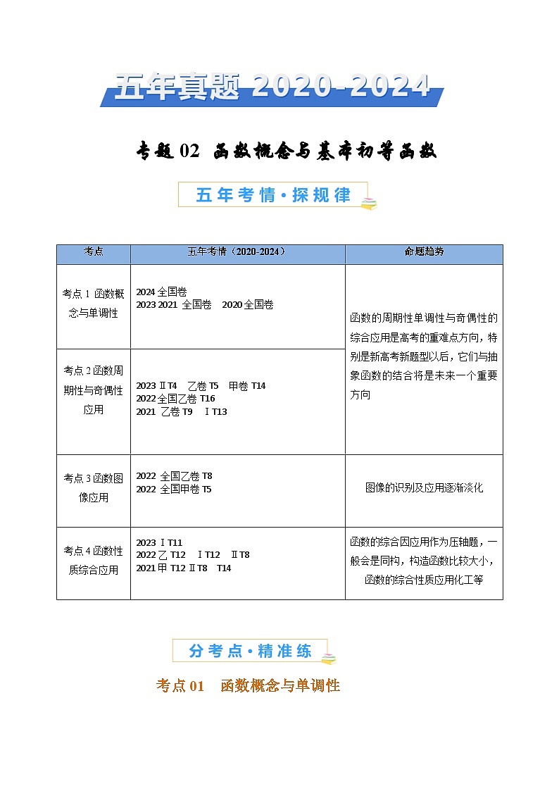 专题02 函数概念与基本初等函数-【好题汇编】五年（2020-2024）高考数学真题分类汇编（全国通用）（原卷版）第1页
