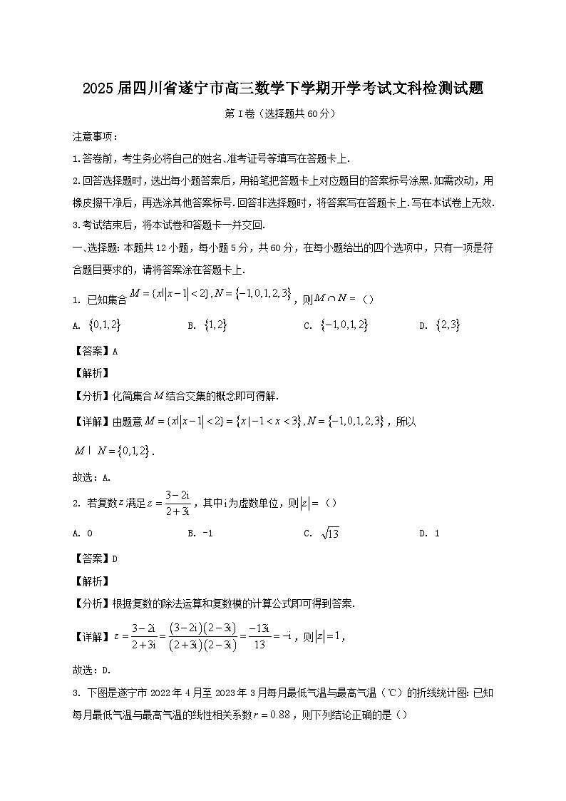 2025届四川省遂宁市高三数学下学期开学考试文科检测试题（含答案)第1页