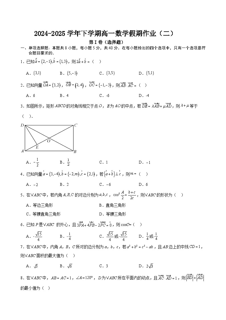 2024-2025学年下学期高一数学假期作业（二）第1页