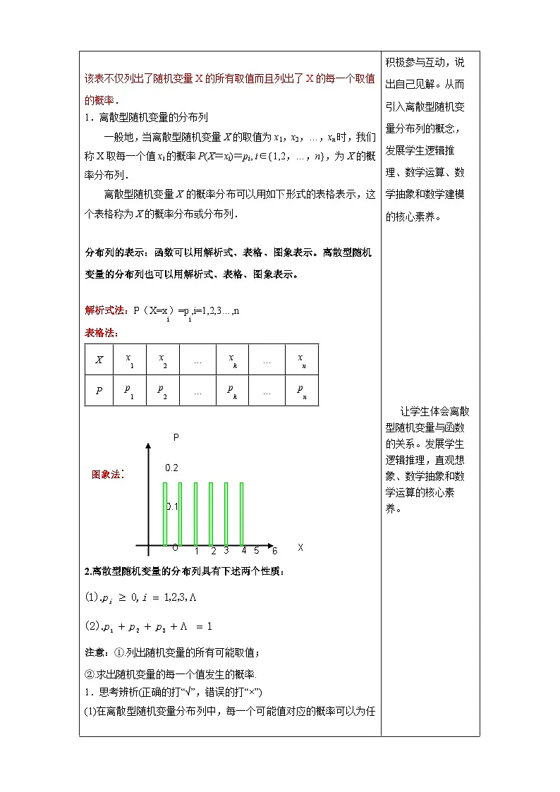 人教A版高二(下)数学选择性必修第三册7.2离散型随机变量及其分布列 (2) 【教学设计】第3页