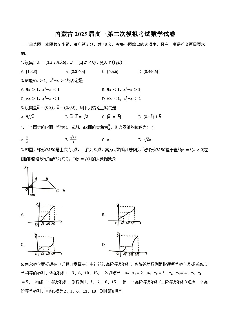 内蒙古2025届高三第二次模拟考试数学试卷（含答案）第1页