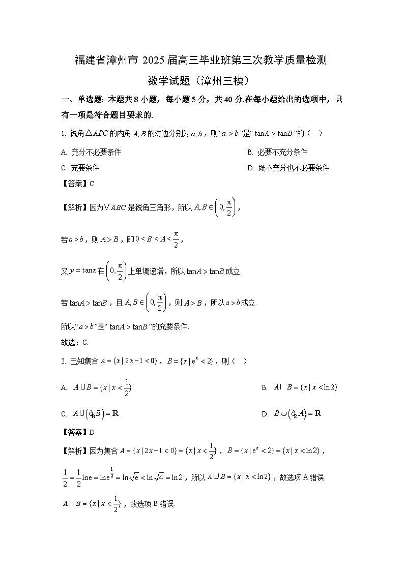 福建省漳州市2025届高三毕业班第三次教学质量检测（漳州三模）数学试卷（解析版）第1页