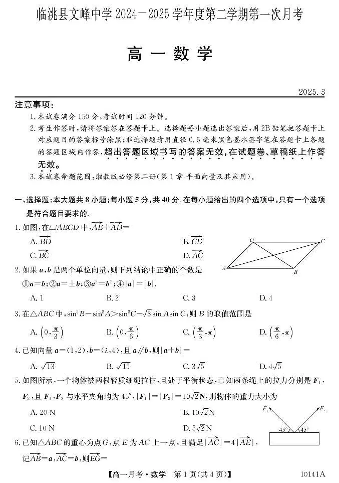甘肃省定西市临洮县文峰中学2024-2025学年高一下学期第一次月考数学试卷【答案】第1页
