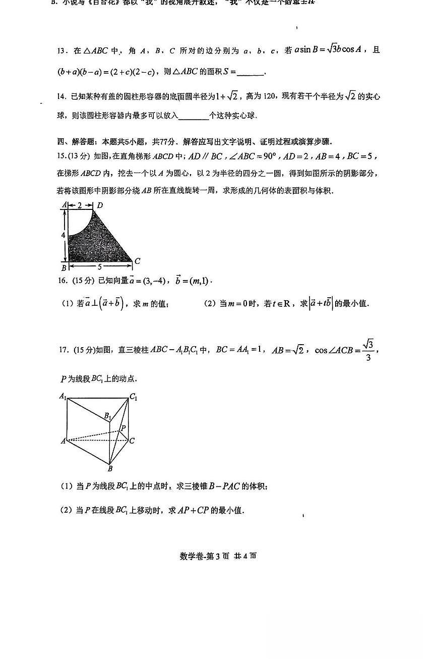 湖南省常德市临澧县第一中学2024-2025学年高一下学期第二次阶段检测（4月）数学试题【答案】第3页