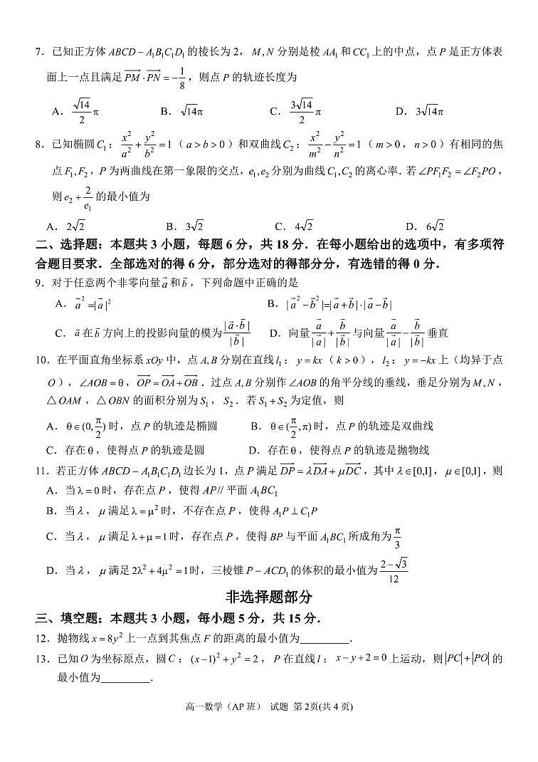 浙江省浙东北县域名校发展联盟2024-2025学年高一（AP班）下学期期中考试数学试卷【含答案】第2页
