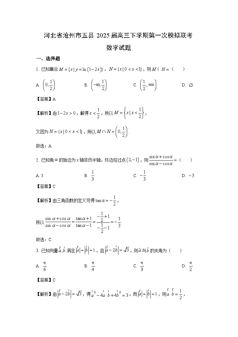 河北省沧州市五县2025届高三下学期第一次模拟联考数学试卷（解析版）第1页
