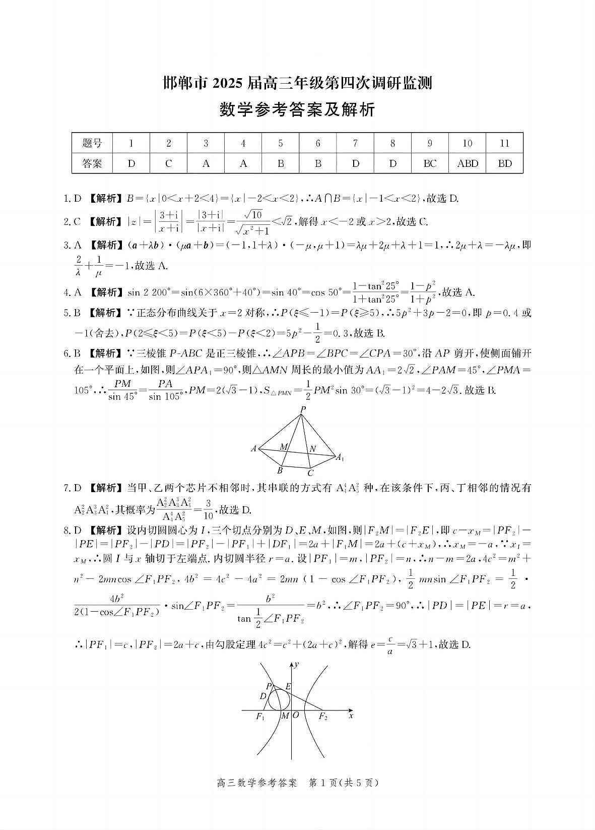 河北省邯郸市2025届高三年级第四次调研监测数学答案第1页