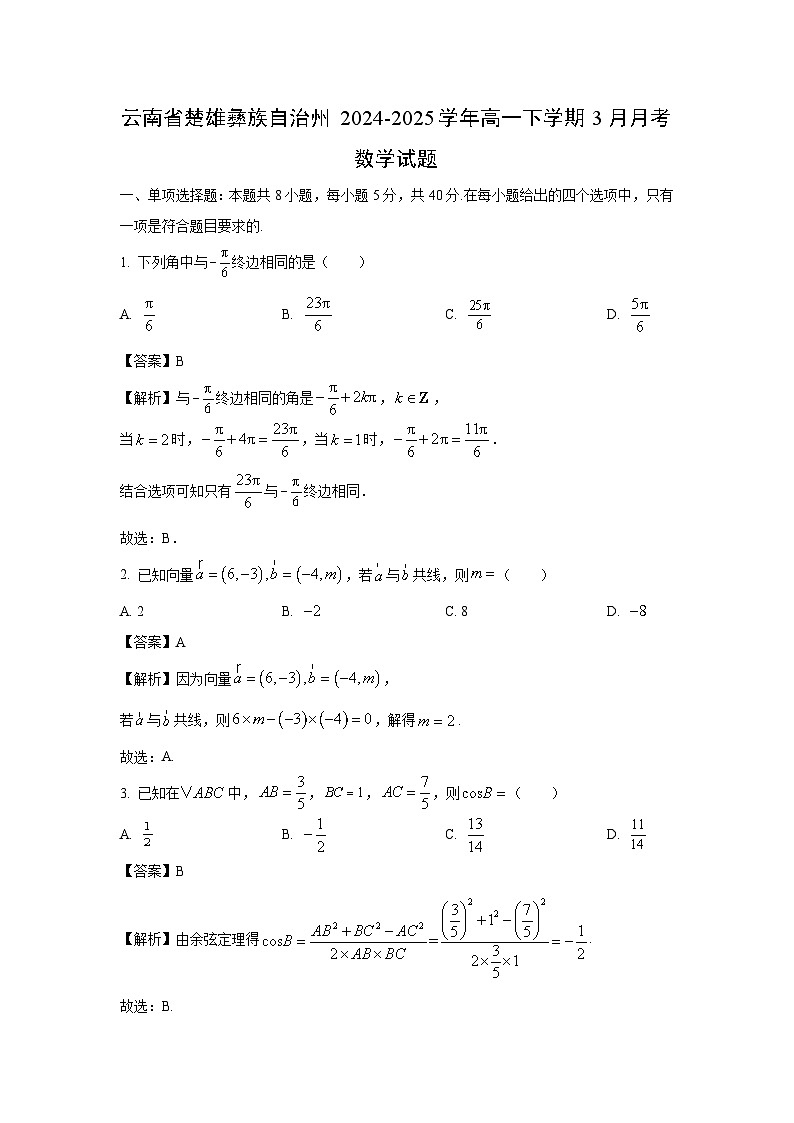 云南省楚雄彝族自治州2024-2025学年高一下学期3月月考数学试卷（解析版）第1页