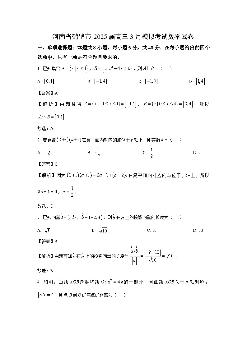 河南省鹤壁市2025届高三3月模拟考试数学试卷（解析版）第1页