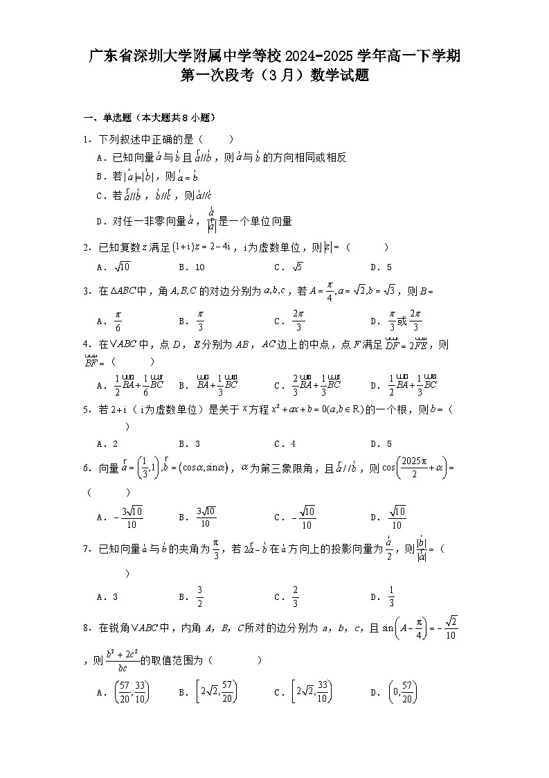广东省深圳大学附属中学等校2024−2025学年高一下学期第一次段考（3月） 数学试题（含解析）第1页