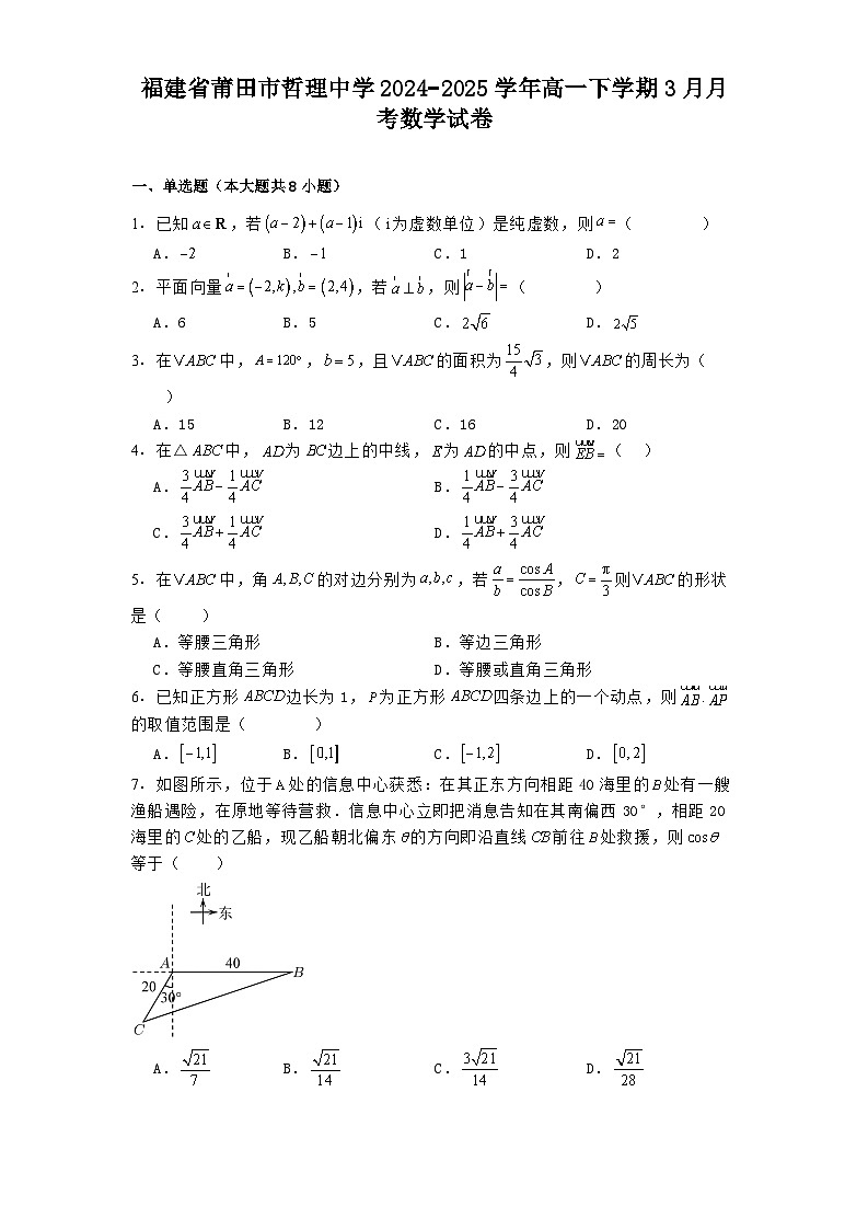 福建省莆田市哲理中学2024−2025学年高一下学期3月月考数学试卷（含解析）第1页