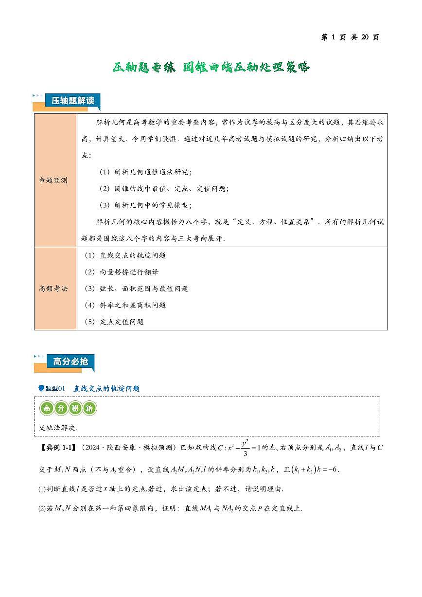 压轴题专练 圆锥曲线压轴处理策略（原卷版）第1页