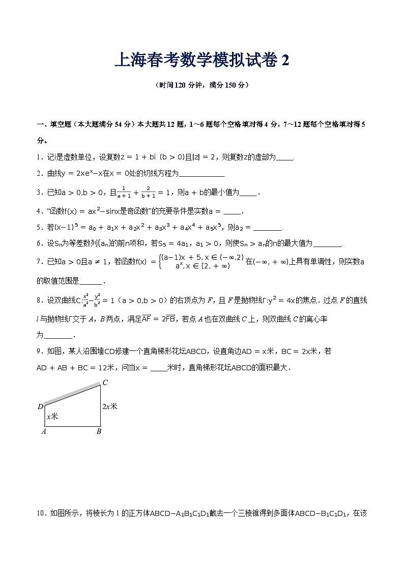 2025年上海春考数学模拟试卷2（原卷版） 第1页