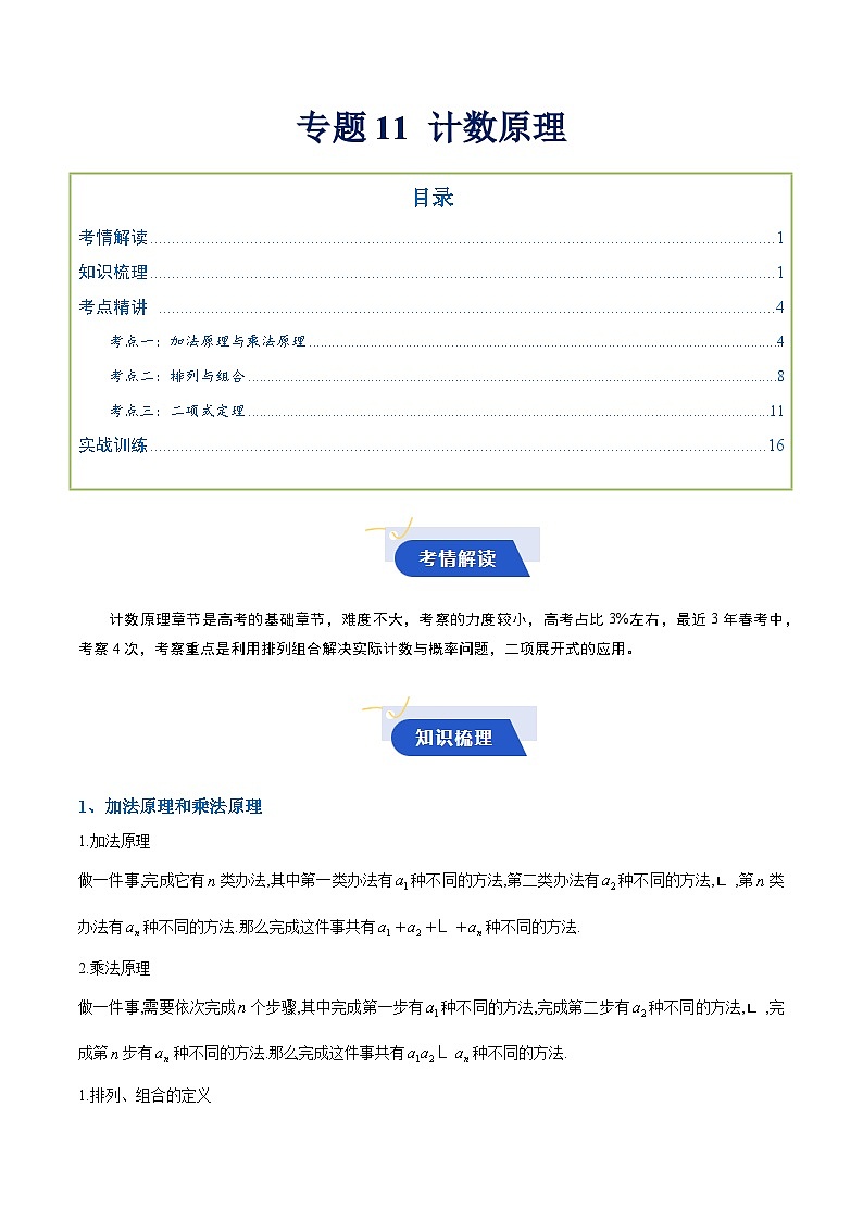 专题11 计数原理（知识梳理+考点精讲精练+实战训练）（解析版）第1页