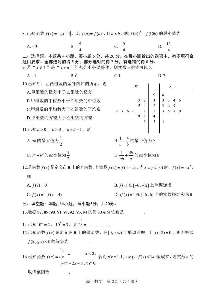 山东省威海市2023-2024学年高一上学期期末考试数学试题（含答案）第2页