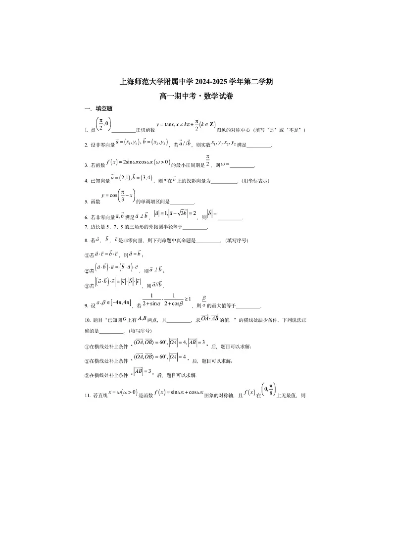 上海市浦东新区上海师大附中2024-2025学年高一（下）期中数学卷含答案第1页