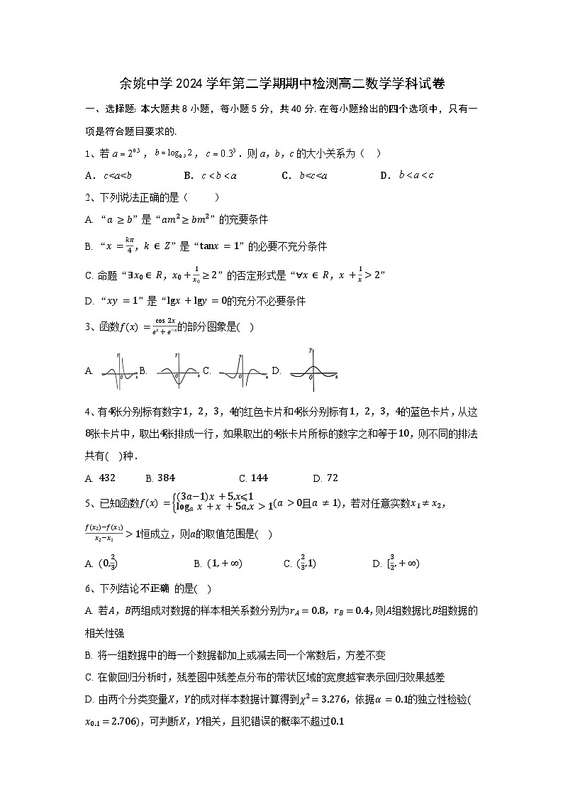 浙江省余姚中学2024-2025学年高二下学期期中考试数学试卷含答案第1页