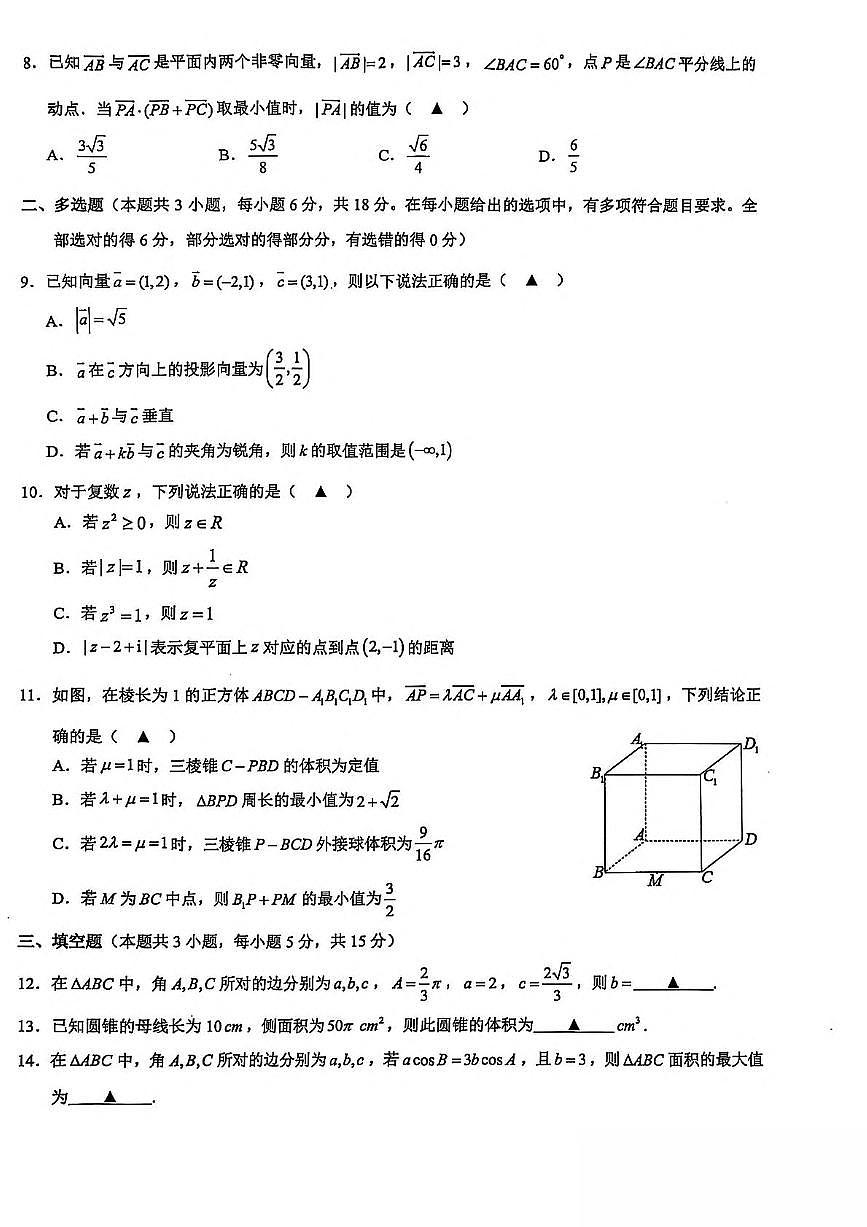 浙江省9 1高中联盟2024-2025学年高一下学期4月期中考试 数学 PDF版含答案第2页